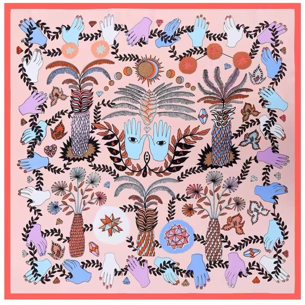 Artistic Silk Scarf with Hand and Nature Motifs
